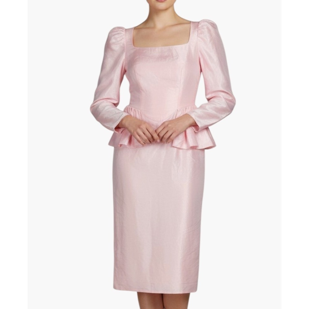 VTG 80's DANCE-ALLURE Pink SATIN Puff Sleeve PROM BRIDEMAID Peplum Dress Sz S